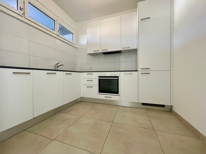 modern kitchen, fully equipped, integrated dishwasher, integrated washing machine, white cabinets, tiled flooring, electric oven, modern design
