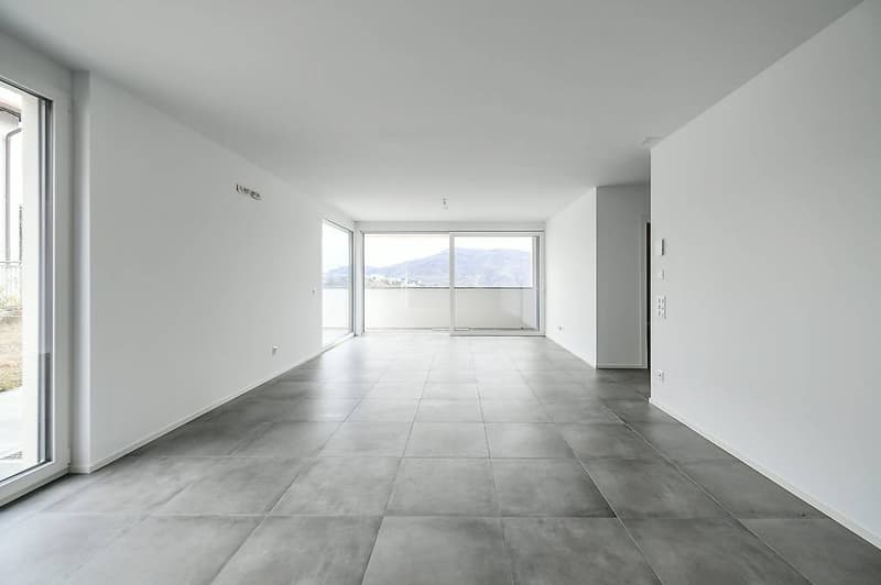 empty room, large windows, balcony, grey tiled floor, white walls