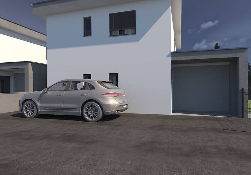modern architecture, single-family house, white exterior walls, gray car, garage, fence