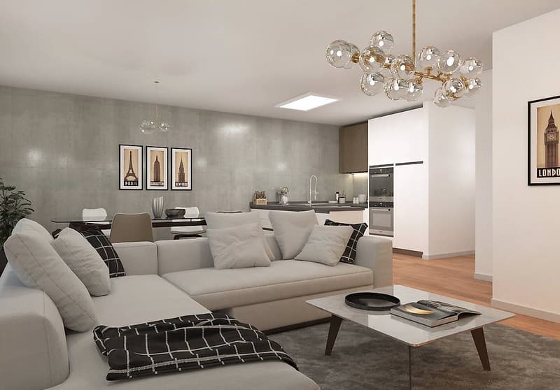 white couch, center table, chandelier, kitchen