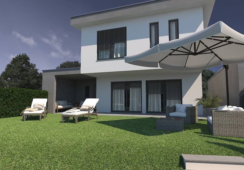 modern 2 story house, white exterior, glass windows, spacious terrace, outdoor lounge furniture, grass garden, large patio umbrella