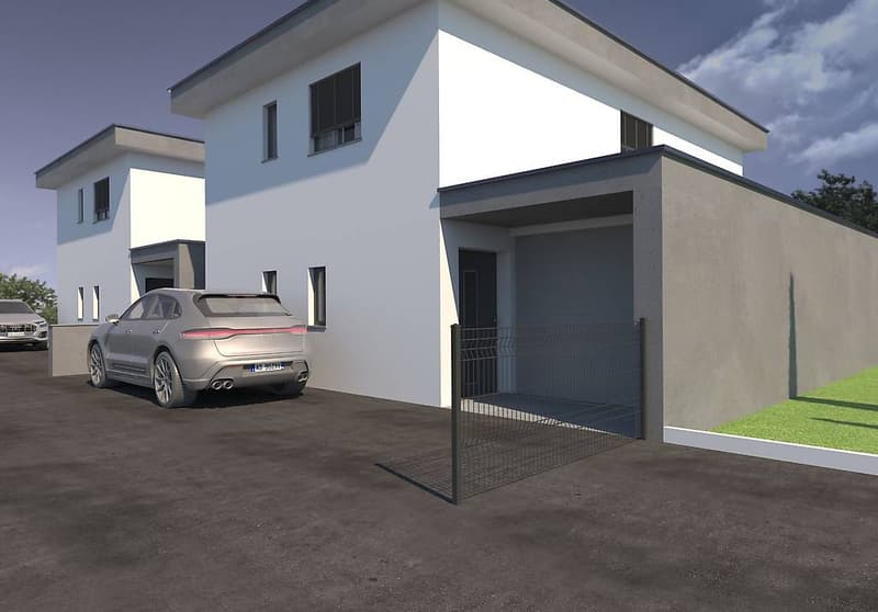 Two-story modern house, white exterior, grey garage, car parked in front, gated entrance