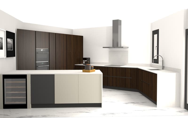 Modern kitchen with wooden cabinets, marble countertops, built-in appliances, island, wine cooler, central ventilation, double sink