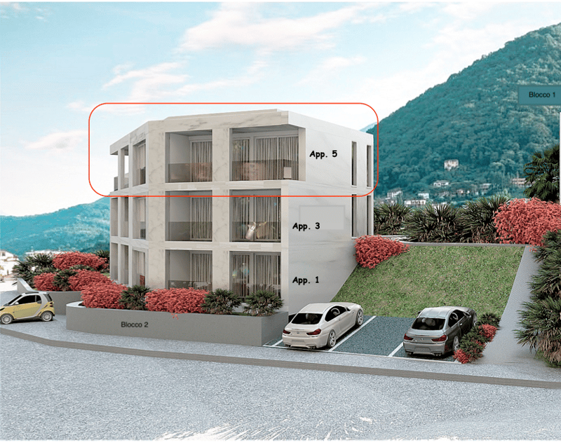 multi-level residential building with 3 parking spaces, ground floor slightly raised from street level, balcony on each apartment