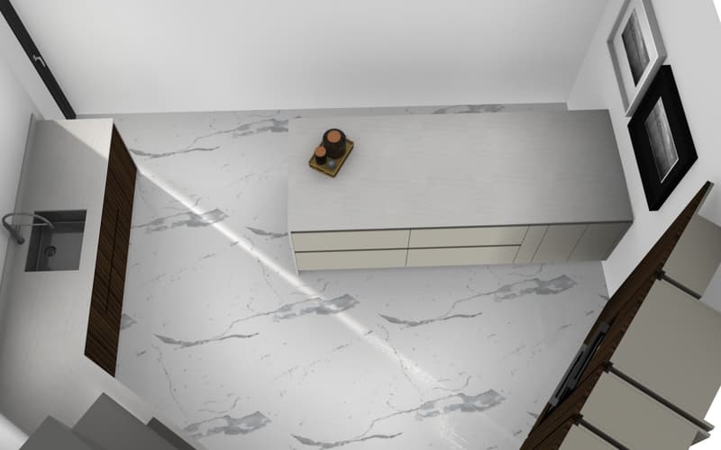 large white countertop, white tiled floor, sink, wooden cabinet, wall mounted picture frames