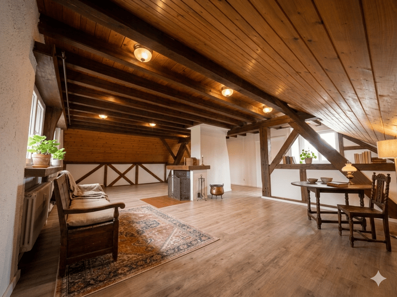 wooden beams, wooden floor, fireplace, radiator, rug, wooden table, wooden chair, lamp, potted plants