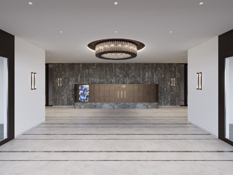marble wall, large chandelier, marble floor, glass doors, elevator