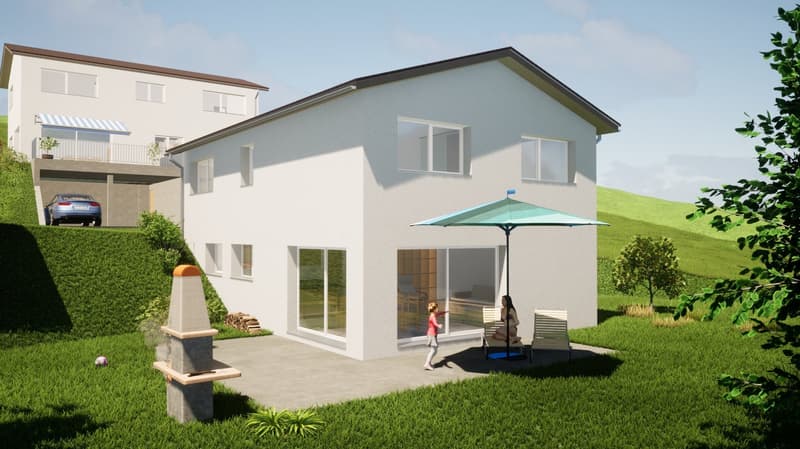 two-story house, glass windows, garage, outdoor seating, grassy field, fireplace