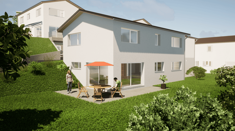 2-story white house, glass balcony, well-maintained garden with green lawn and shrubs, patio with table and chairs, 3-story house behind with brown roof