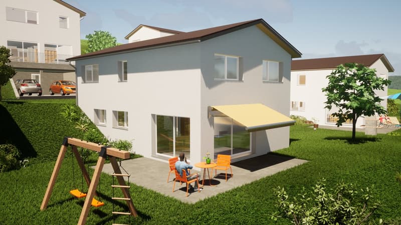 Detached house, light color, awning, two windows, outdoor dining area, backyard with grass and plant