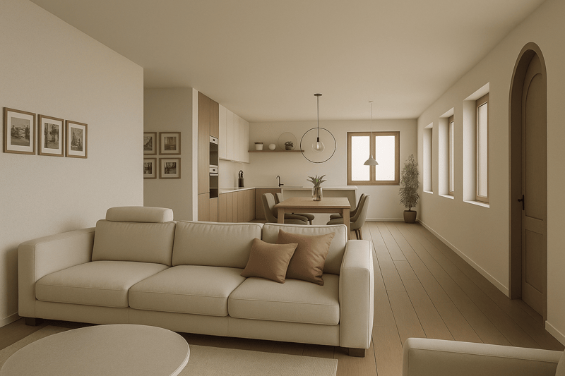 Living room with beige couch, wooden floor, dining area with table, kitchen with modern appliances, arched doorway, arched windows, wall pictures, wooden table, plants, round pendant lights, hallway