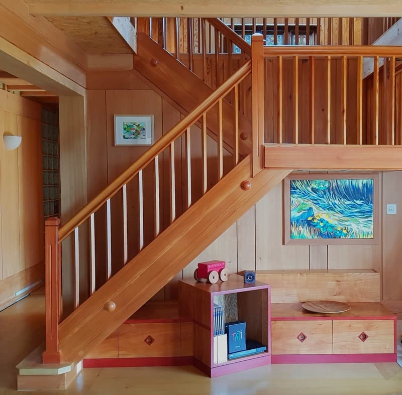 wooden stairs, wooden drawer, picture frame, wooden wall
