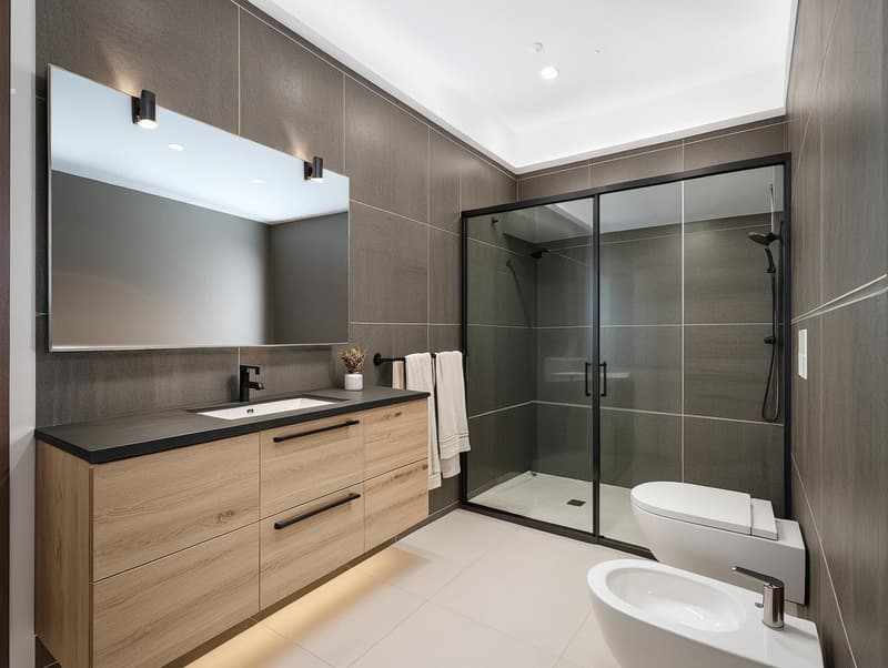 A modern bathroom with a shower stall, sink, wooden vanity, large mirror, and white tiles