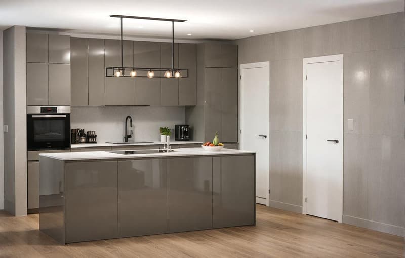 modern kitchen with central island, white marble counter, gray cabinets, black appliances, wooden floor