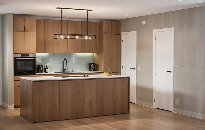 modern kitchen, central island, wood cabinets, white counter top, black appliances, double sink, faucet, light fixture, wall outlets