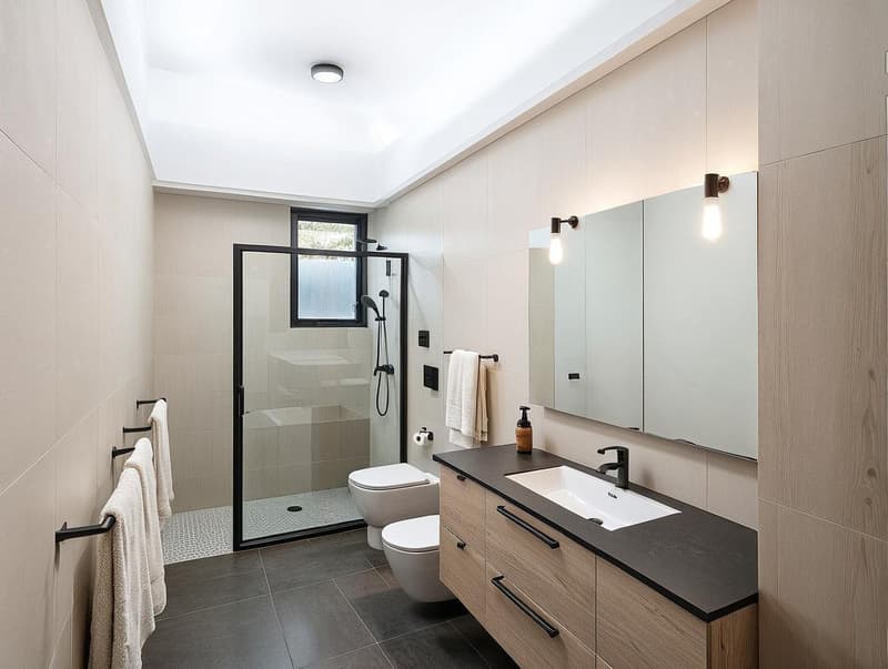 modern minimalist bathroom with white tiles, black countertop, wooden cabinet, glass shower with frameless door, round sink, towel bars, wall-mounted mirror with lamp