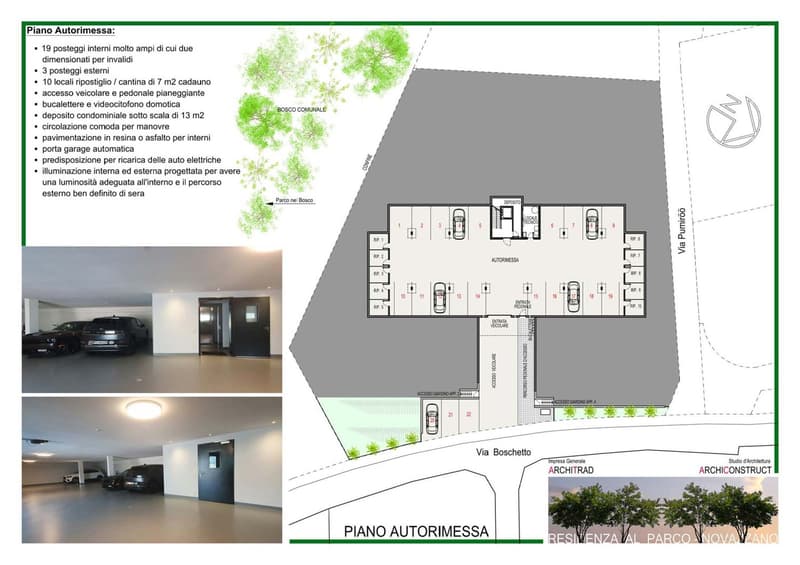 Floor plan for a parking space with 19 parking spaces, electric recharging station, internal elevator.