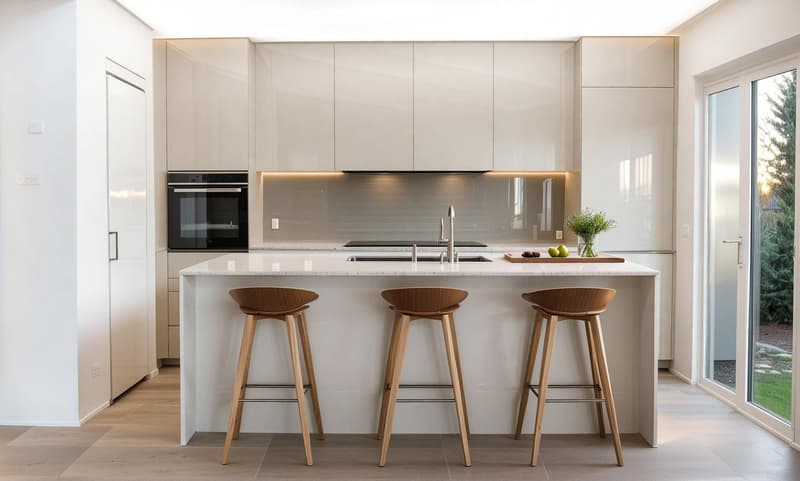 modern kitchen, white cabinets, marble countertop, stainless steel appliances, wooden stools, large window