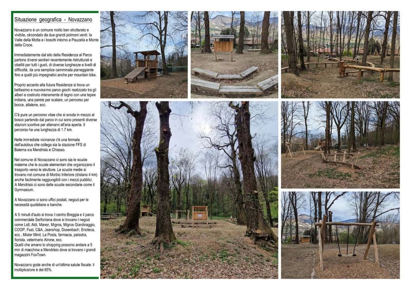 Nestled in the commune of Novazzano, a meticulously planned residential area adjacent to Parco del Morbio Inferiore. It features various wooden play structures, including a playground and walking trails for leisure activities. The area provides views of t