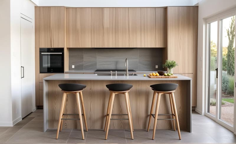 modern kitchen with wooden cabinets, gray countertops, black stools, integrated oven and dishwasher
