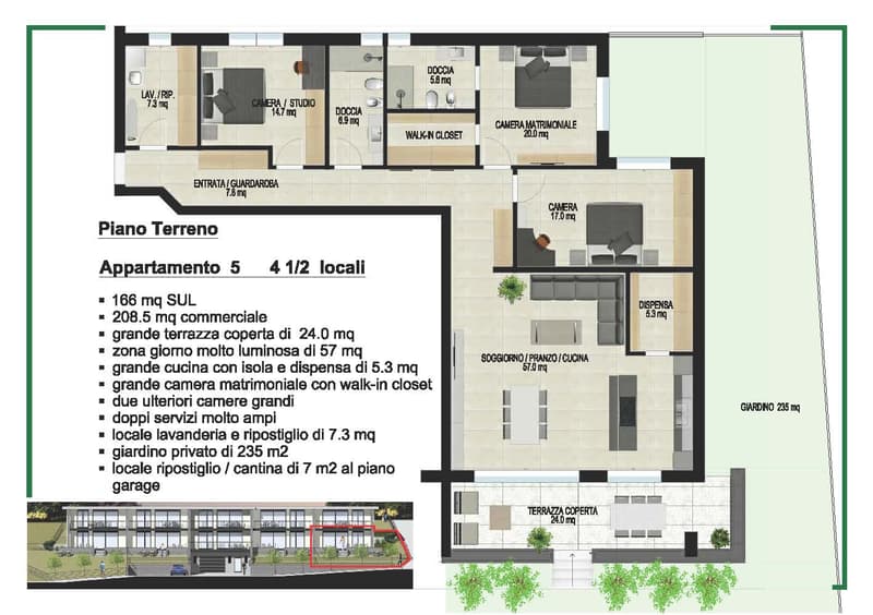 living room, kitchen, 2 bedrooms, 2 bathrooms, terrace, private garden, garage