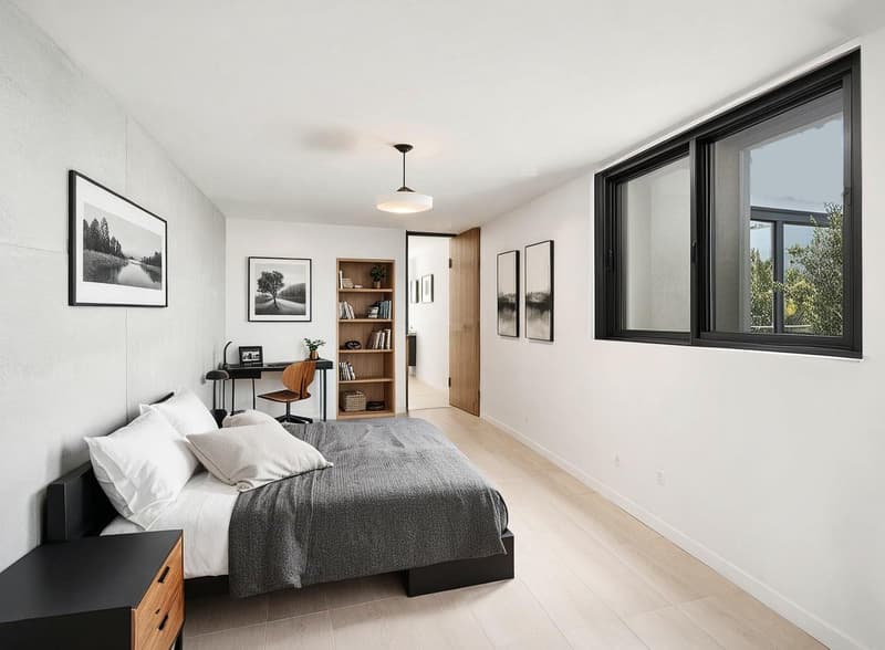modern bedroom with bed, nightstands, desk, bookshelf, framed pictures, and large windows