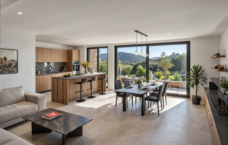 A modern open-concept living room with a dining area featuring large glass doors leading to a terrace, a kitchen with a central island, and a seating area with a couch. The room is furnished with chairs, a dining table, and a coffee table. It features woo