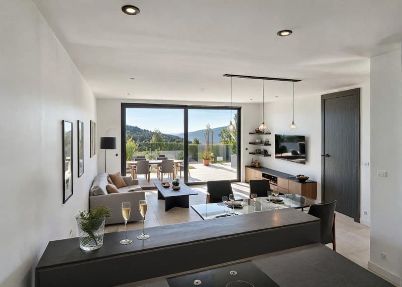Living room with glass walls, open to terrace, dining table, sofa, television
