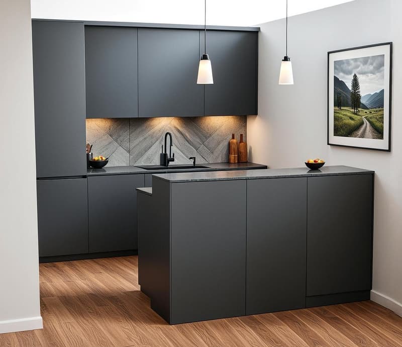 Modern kitchen with black cabinets, black island, marble countertop, hanging lamps, and a sink with a faucet.