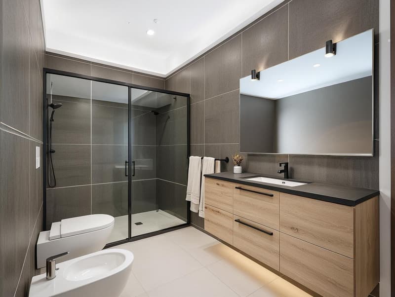 walk-in shower, sink with mirror, toilet, bidet, wall-mounted towel rack, contemporary tiles, modern fixtures, sleek vanity
