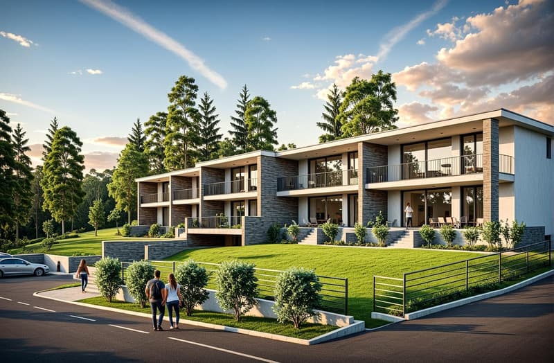 Modern apartment building with large windows, balconies, and landscaped surroundings
