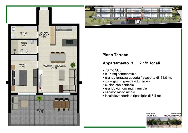 entrance, sleeping area, bathroom, kitchen/dining room, terrace