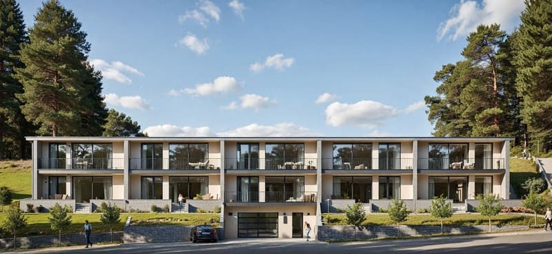 Modern building, white exterior, 3 floors, multiple balconies, car parked, garden area
