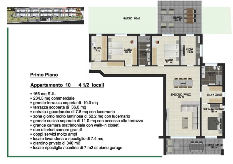 4 rooms, living room, kitchen, 2 bedrooms, 2 bathrooms, terrace, walk-in closet, storage, garage, laundry room, private garden, parking space