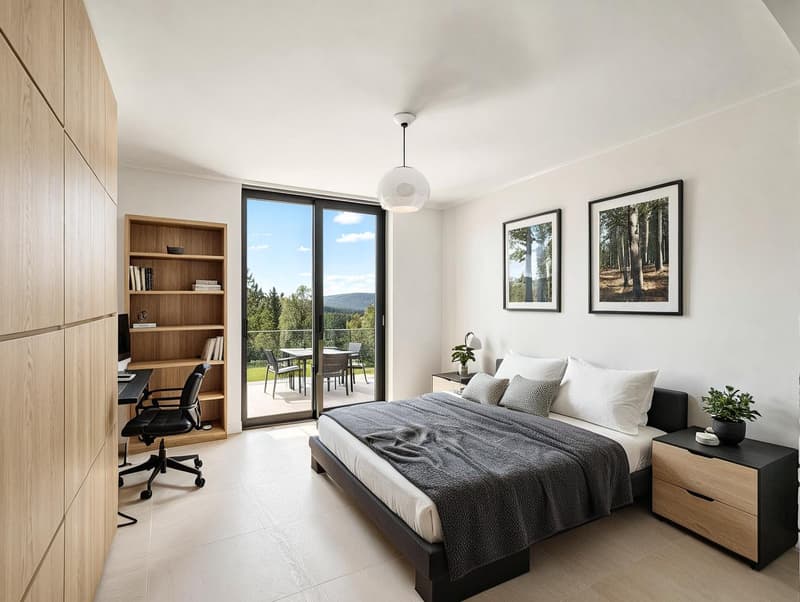 Spacious bedroom with white walls, grey bed, wooden cabinet, sliding glass door leading to a balcony, desk, chair, bookshelf, framed pictures, and ceiling light.