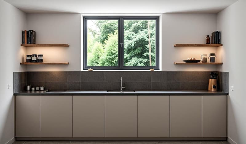 modern design with a double sink, grey countertop, wooden shelves, floor to ceiling window, and stainless steel tap