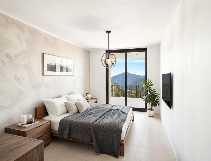 double bed, white sheets, pillows, nightstands, television, sliding glass doors to balcony, picture, mounted plant