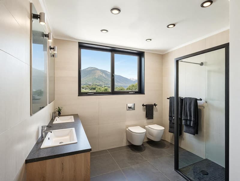 Modern bathroom with two sinks, a glass shower, a toilet, and a window overlooking mountains