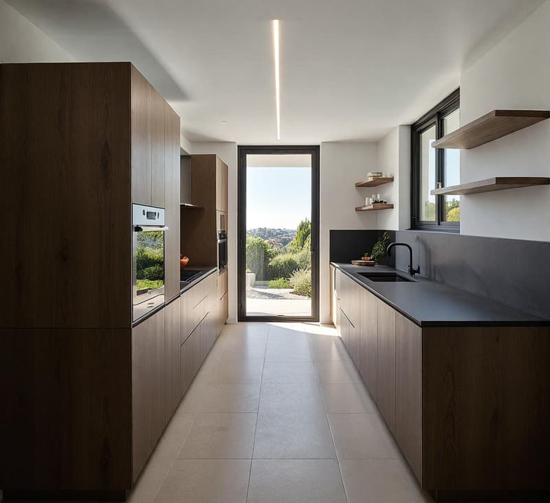 Modern kitchen with wooden cabinets, tile flooring, black countertops, integrated appliances, a door with a glass panel leading to a balcony, and a scenic view