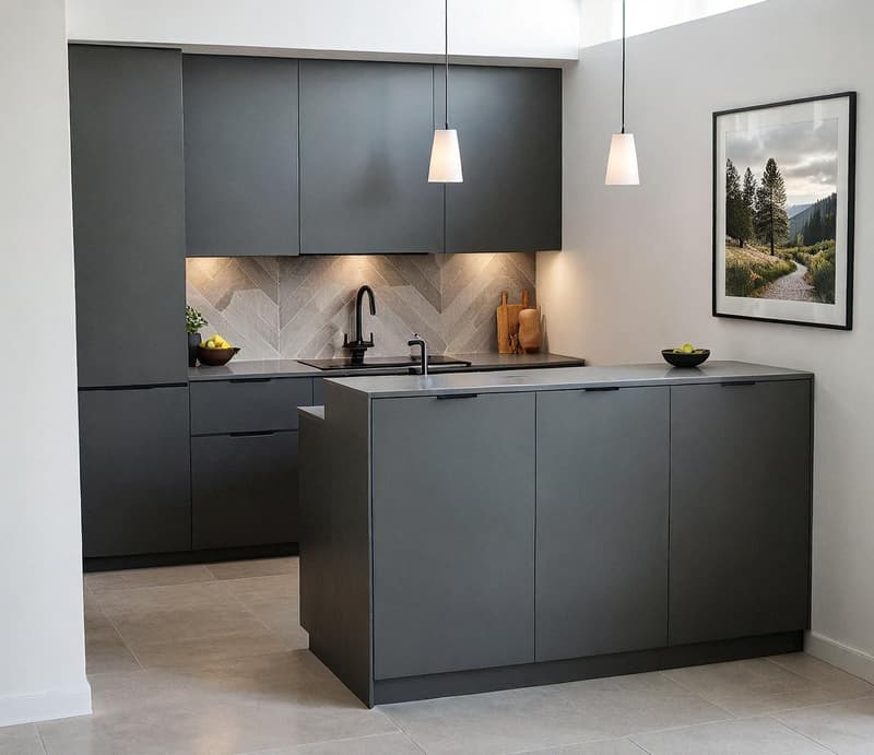 Modern kitchen with granite countertops, black cabinetry, black faucet, undermount sink, dishwasher, washing machine
