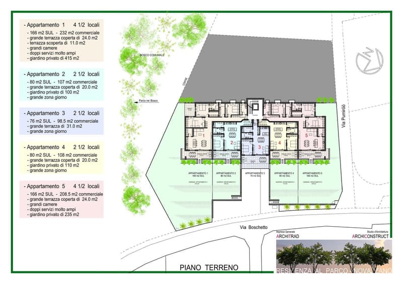 Apartments 1 to 5 with private garages, balconies, terraces, and communal area