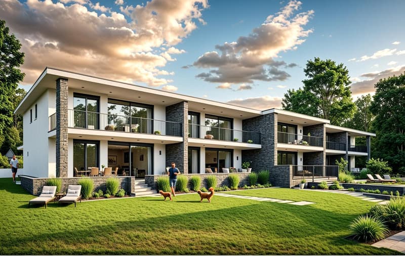 two-story house, modern design, stone brick exterior, large glass windows, balcony, green lawn, outdoor seating
