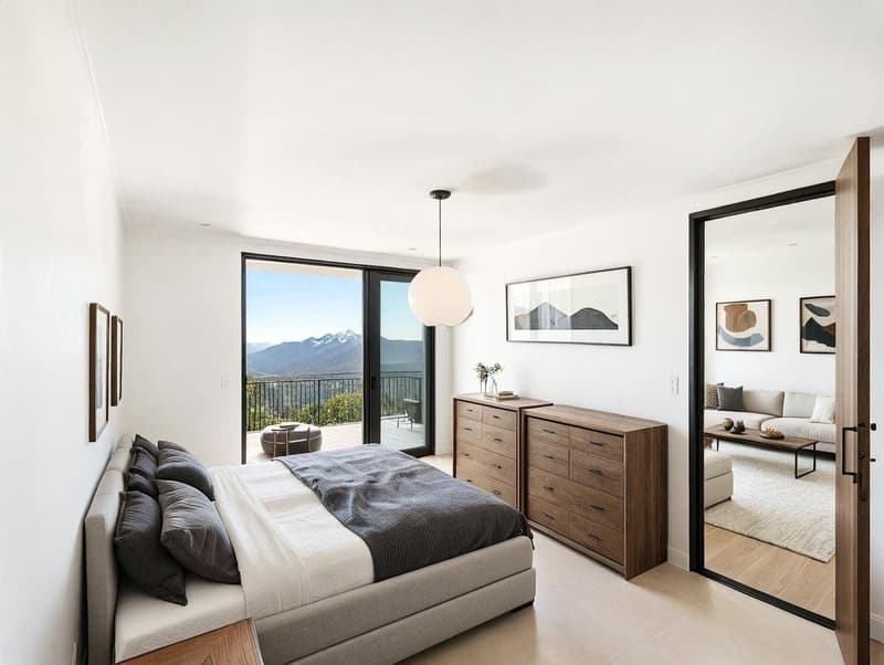 modern bedroom with white walls, wooden furniture, large bed, and sliding glass door with balcony and mountain view