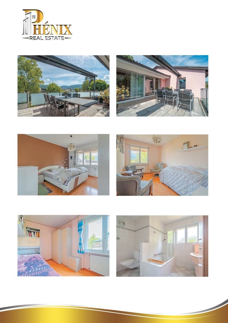 Top left: terrace with table and chairs, overlooking a lake. Top right: glass sliding doors to a balcony with a view of a mountain. Bottom left: bedroom with bed, closet, and window. Bottom middle: living room with chairs and a couch. Bottom right: bathro