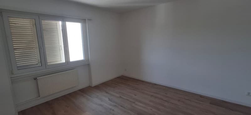 white walls, wooden floor, window with blinds, radiator, white door