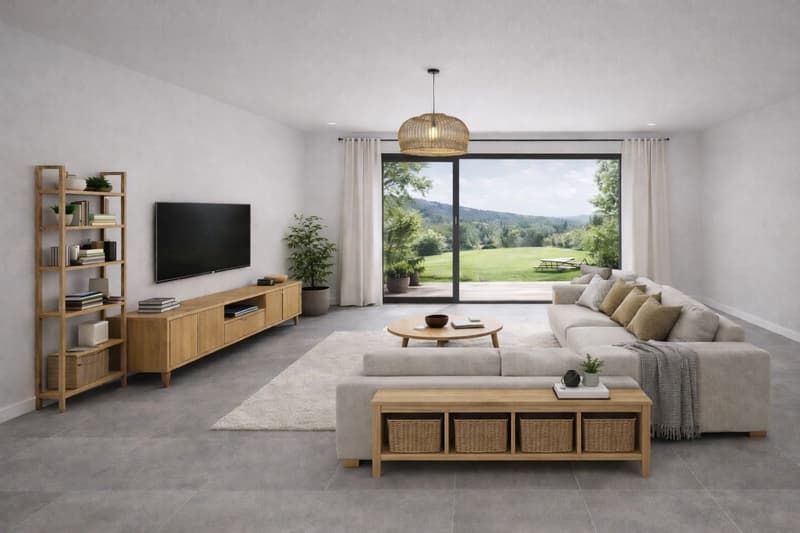 Modern living room with large windows overlooking a golf course