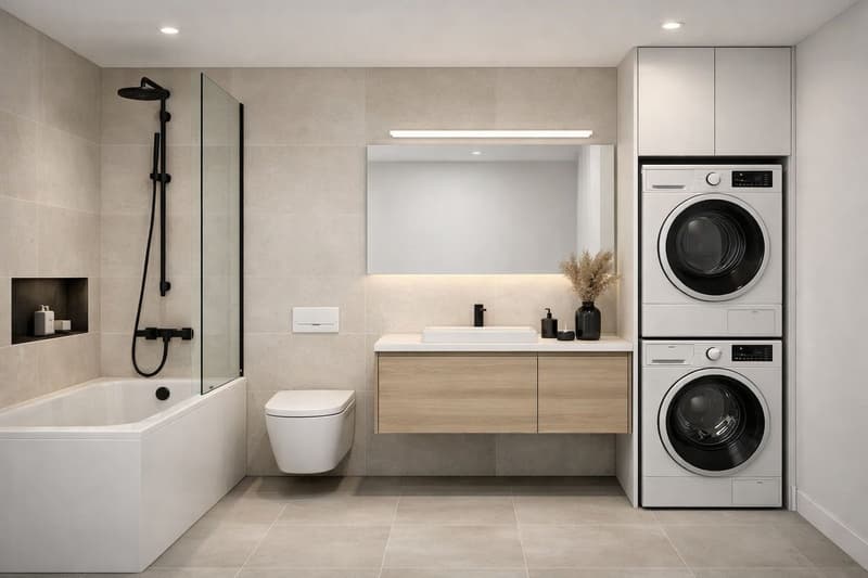 a large laundry room with a modern look, featuring a bathtub, shower, and a sink with cabinets, and a pair of stacked washing machines