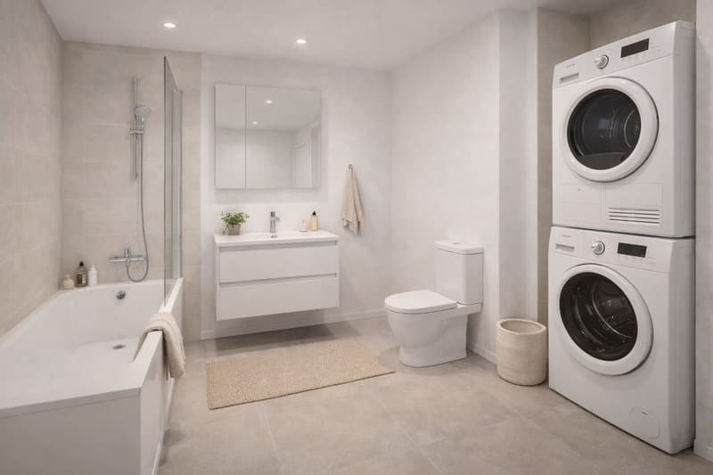 white tiles, bathtub, shower, toilet, vanity, white appliances, towel rack, drying rack