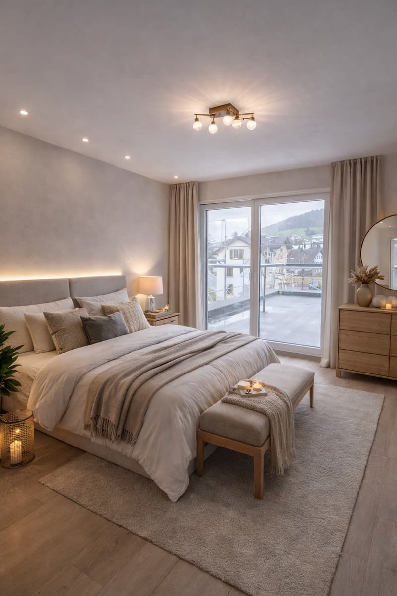 Bedroom with a bed, nightstand, bench, curtains, and a view of the city.