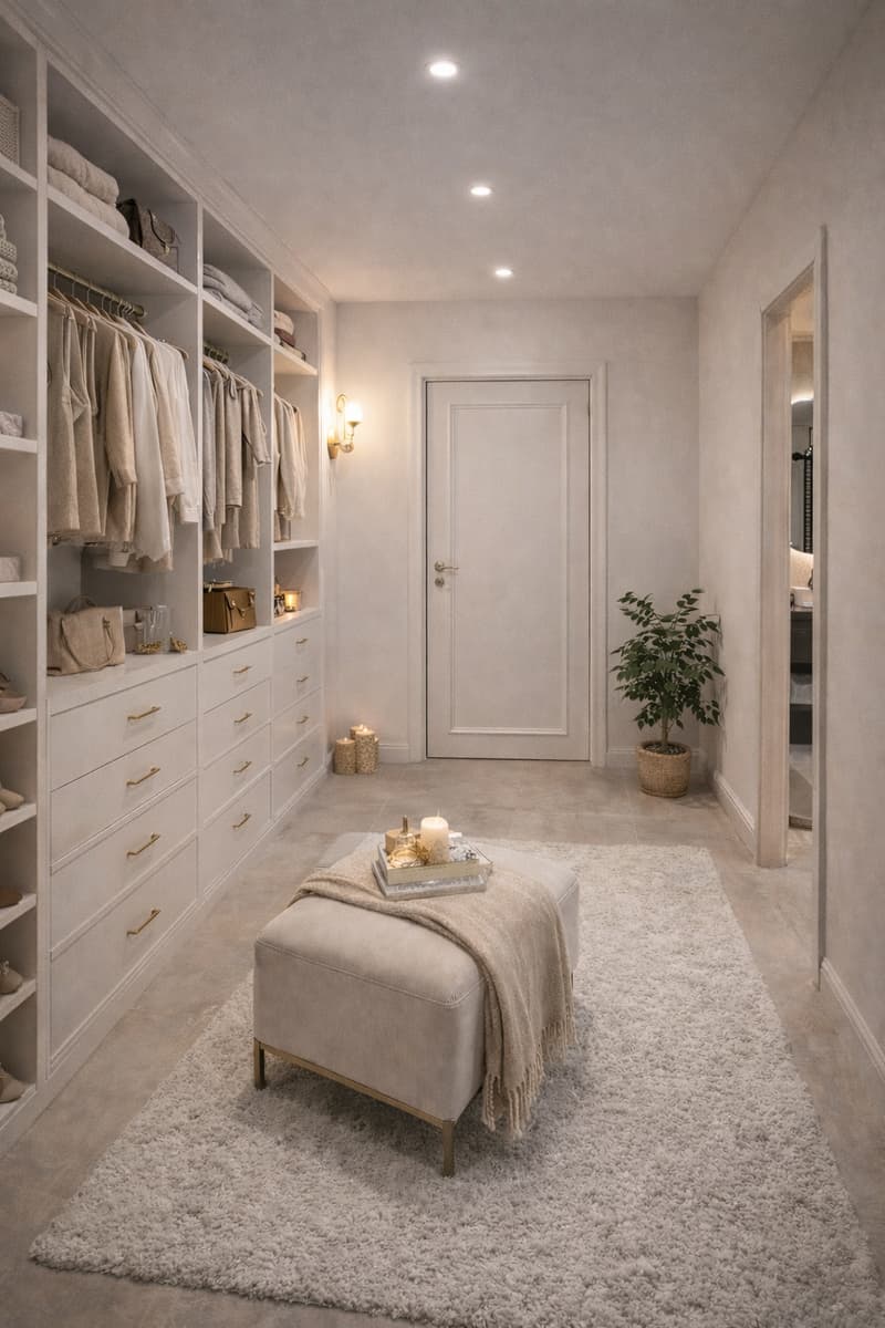 modern walk-in closet with shelves, drawers, and hanging rails, center table with items, rug, potted plant